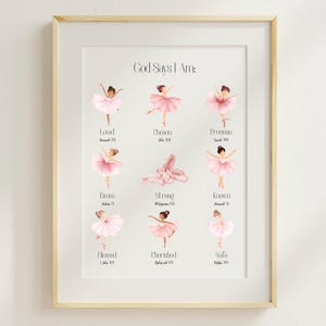 Puede incluir: Una lámina enmarcada titulada God Says I Am con nueve ilustraciones de bailarines con tutús rosas y un par de zapatillas de ballet. Cada bailarín se acompaña de una palabra y una referencia bíblica, incluyendo Loved, Chosen, Precious, Brave, Strong, Known, Blessed, Cherished y Safe.