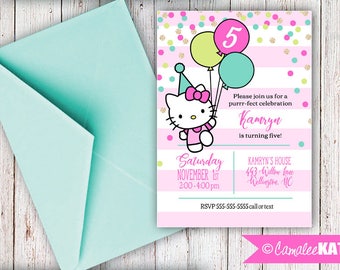 Hello Kitty - Pink and Gold Glitter Printable Birthday Party Invitations - Personalized for you with or without photo - digital file 5x7
