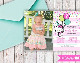Hello Kitty - Pink and Gold Glitter Printable Birthday Party Invitations - Personalized for you with or without photo - digital file 5x7