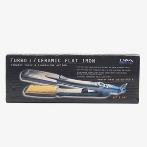 May include: A black box with a hair straightener inside. The straightener is silver and blue with gold plates. The box reads "TURBO I / CERAMIC FLAT IRON" and "CERAMIC IONIC & TOURMALINE ACTION". The text "Faster heat up to 410'F" is also visible.