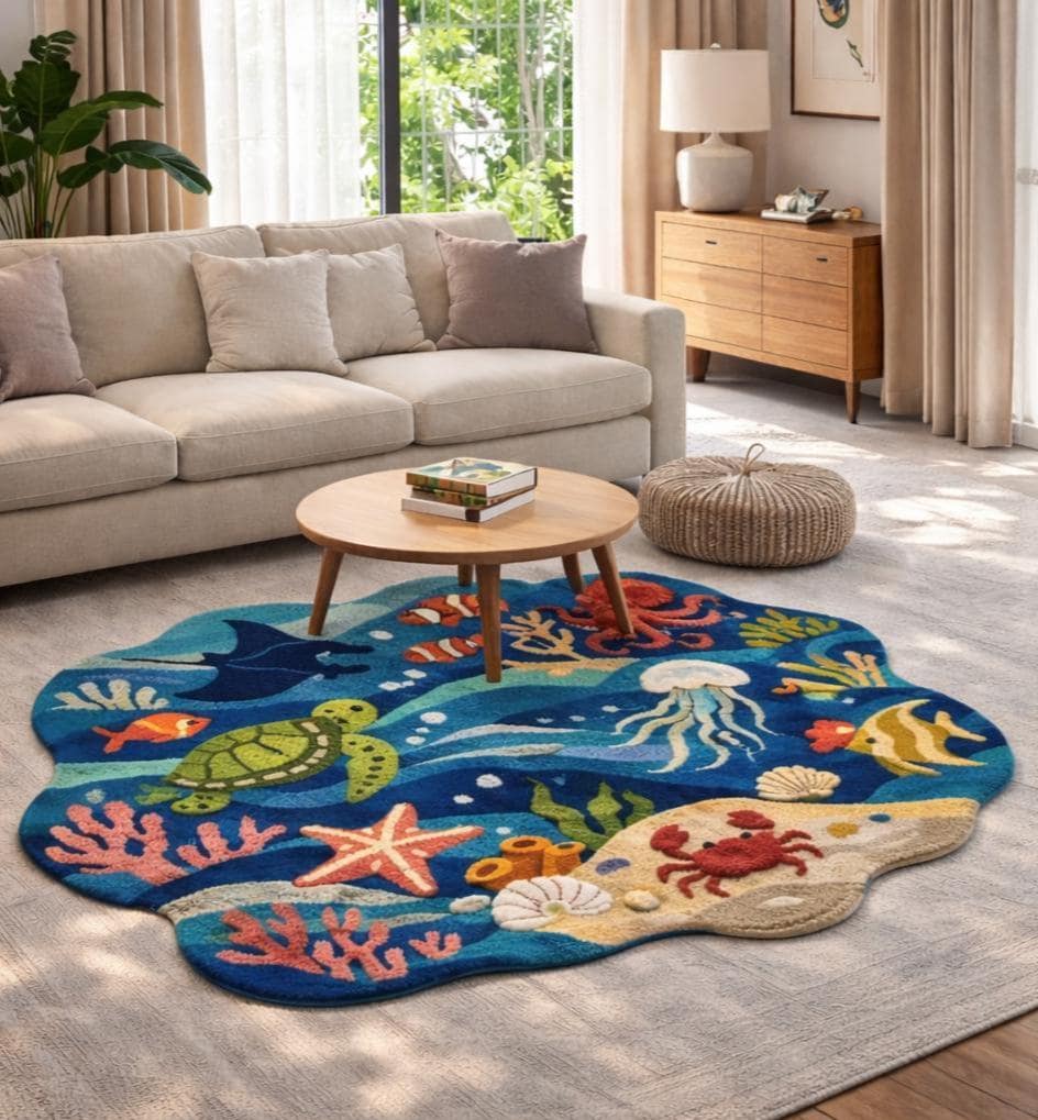 CAOHAGAN 海洋生物 ラグ Ocean Animals Tufted Rug, Kids Sea Life Carpet, Nursery Playroom