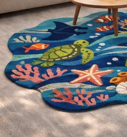 Ocean Animals Tufted Rug, Kids Sea Life Carpet, Nursery Playroom