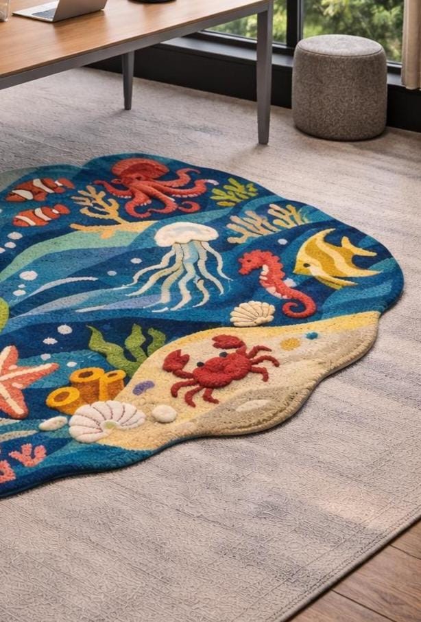 Ocean Animals Tufted Rug, Kids Sea Life Carpet, Nursery Playroom