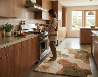 Abstract Organic Shape Tufted Rug, Modern Neutral Area Rug, Sage Green Beige Brown Carpet.