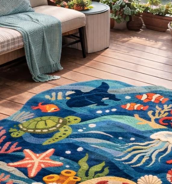 Ocean Animals Tufted Rug, Kids Sea Life Carpet, Nursery Playroom