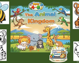 以下が含まれることがあります： 「The Animal Kingdom」と題された、トラ、ハチ、キリン、サルなどの様々な漫画の動物が描かれたカラフルなイラスト。4〜8歳の子供向けにデザインされており、山と夕日の風景を背景にしています。