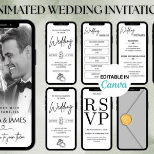 Op de afbeelding: Geanimeerde huwelijksuitnodiging weergegeven op smartphoneschermen. De schermen tonen huwelijksdetails, een tijdlijn, RSVP-informatie en foto's van het paar. Tekst met namen, data en locaties. Bewerkbaar in Canva.