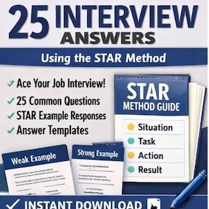 Könnte beinhalten: Bild eines Ratgebers mit dem Titel "25 Interview Antworten" unter Verwendung der STAR-Methode. Der Ratgeber enthält Abschnitte zu häufigen Fragen, Beispielantworten und Antwortvorlagen. Ein blauer Stift und Beispiele für "Schwache" und "Starke" Antworten sind ebenfalls abgebildet. "Sofort-Download" steht unten.