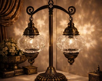 Antique Brass Double Glass Table Lamp | Turkish Style Crackle Glass Desk Lamp | Vintage Home Decor Lighting