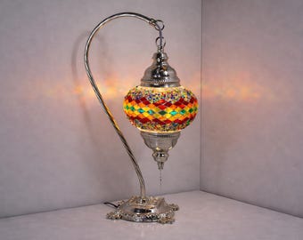 16 Variation Handmade Silver Mosaic Table Lamp | Turkish Swan Neck Mosaic Lamp, Decorative Ambient Lighting, Bedside & Home Decor Gift