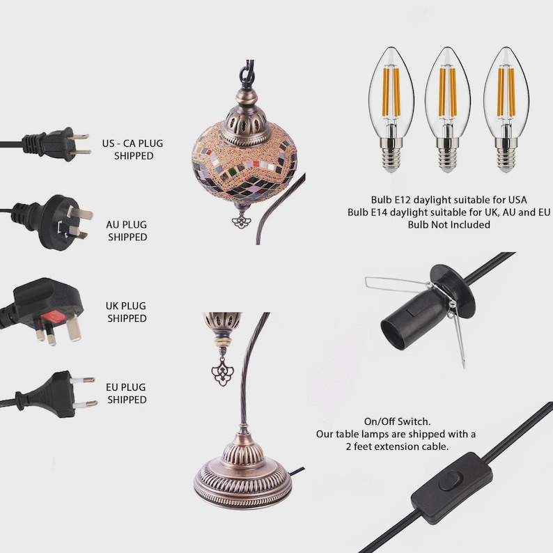 May include: A mosaic pendant lamp with a bronze base and a 61 cm extension cable. The image shows US, AU, UK, and EU plug types. The lamp requires E12 or E14 bulbs, which are not included. Includes an on/off switch.
