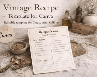 Vintage Recipe Template for Canva | Editable & Printable Recipe Card | Cozy Old-Fashioned Recipe Page | Instant Digital Download