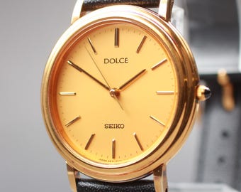 Vintage Seiko Dolce Mens Dress Watch, 1991, Minimalist HAQ Quartz, 32mm Gold Plated, Sapphire Crystal, Near MINT from Japan