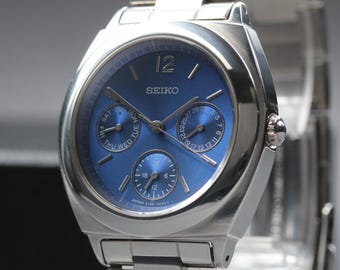 Vintage Seiko Spirit Mens Watch, 1999, Quartz, Blue Sunburst Dial, 34mm Stainless Steel, Sapphire Crystal, Near MINT from Japan