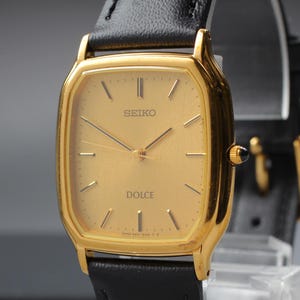 Vintage Seiko Dolce Mens Tank Watch, 2001, Minimalist HAQ Quartz, Ref. 5E61-5A10, 28mm Gold Plated, Sapphire Crystal, Near MINT from Japan