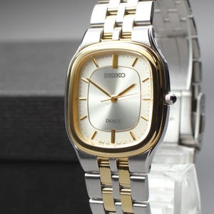 Vintage Seiko Dolce Mens Tank Watch, 2000, Minimalist HAQ Quartz, Sunburst Dial, 28mm Two Tone, Sapphire Crystal, Near MINT from Japan