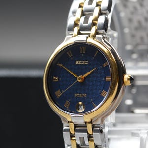 Vintage Seiko Exceline Womens Watch, 1994, Minimalist HAQ Quartz, Textured Blue Dial, 24mm Two Tone, Sapphire Crystal, Near MINT from Japan