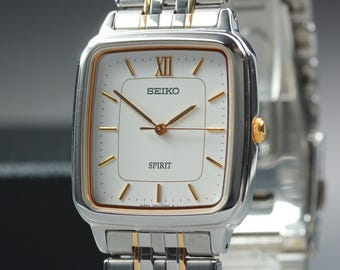 Vintage Seiko Spirit Mens Square Watch, 1999, Minimalist Quartz, Ref. 7N01-5210, White Dial, 28mm Two Tone, Near MINT from Japan