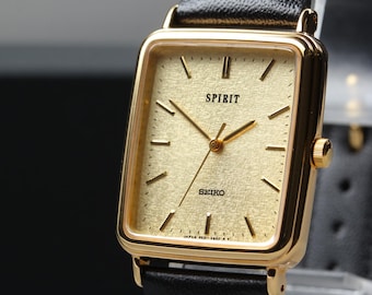 Vintage Seiko Spirit Herren Tank Uhr, 1995, minimalistischer Quarz, Leinen Zifferblatt, 25 mm vergoldet, Saphirglas, MINT aus Japan