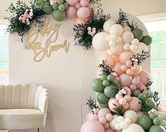 Baby in Bloom Balloon Arch Kit: Pastel Sage Green & Pink, Baby Shower Decor