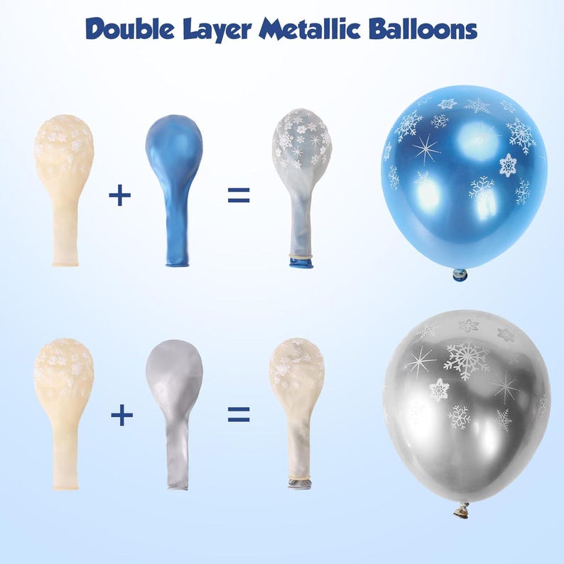 May include: Double Layer Metallic Balloons text is displayed above two rows showing how a snowflake-patterned balloon inserted into a solid metallic balloon creates a blue or silver balloon with a snowflake design when fully inflated.