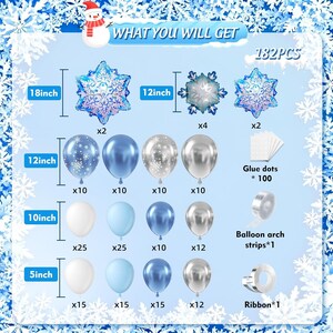 May include: A 182-piece balloon kit featuring blue, silver, and white balloons in 5, 10, and 12-inch sizes, plus 12 and 18-inch snowflake foil balloons. Includes 100 glue dots, a balloon arch strip, and a ribbon, all labeled with their quantities.