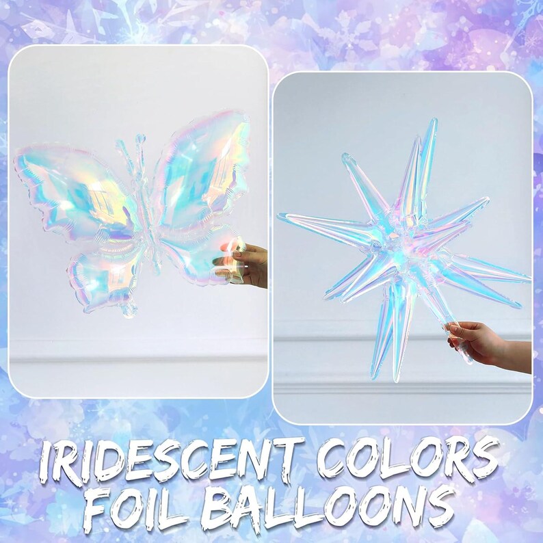 May include: Two iridescent foil balloons featuring a butterfly shape and a multi-pointed star shape. Both balloons have a reflective, pearlescent finish that shifts in color. The text IRIDESCENT COLORS FOIL BALLOONS is printed at the bottom.