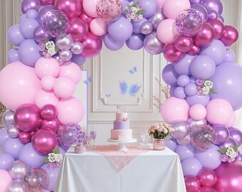 Pink Purple Balloon Arch Garland Kit, Metallic Pastel Confetti Balloons, Birthday Baby Shower Decor