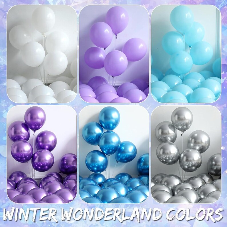 May include: A collage of six groups of balloons in white, light purple, light blue, metallic purple, metallic blue, and metallic silver. The text "WINTER WONDERLAND COLORS" is printed in white at the bottom of the image.