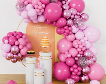 153pcs Pink Balloon Arch Kit with Hot Pink, Metallic, Confetti Balloons in 18, 12, 10, 5 Inch Sizes for Birthday, Wedding, Baby Shower Decor
