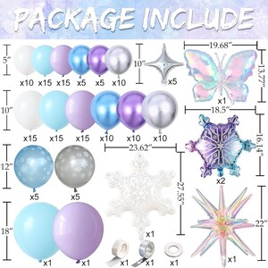 May include: A balloon decoration kit featuring various sizes of white, light blue, purple, and silver balloons, along with iridescent butterfly, snowflake, and star-shaped foil balloons. Includes adhesive rolls and measurement labels in inches.