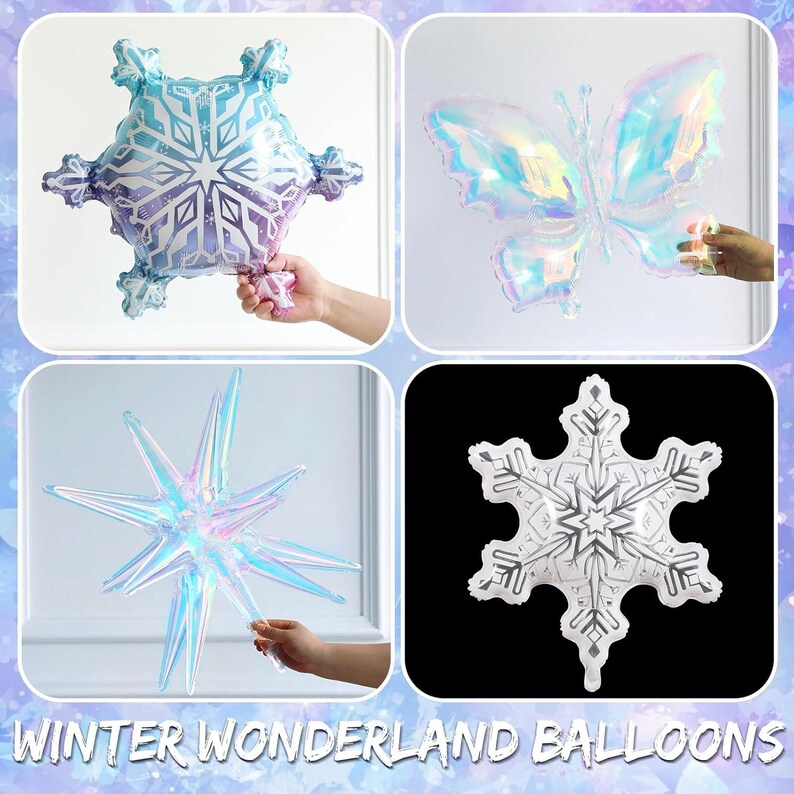 May include: A collection of foil balloons including a blue and purple snowflake, an iridescent butterfly, a multi-pointed iridescent star, and a white snowflake silhouette. The text "WINTER WONDERLAND BALLOONS" is printed at the bottom.
