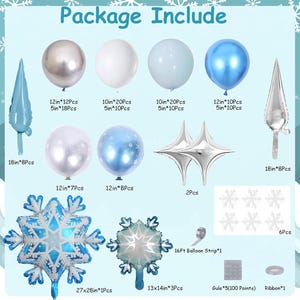 May include: A balloon decoration kit featuring silver, white, light blue, and metallic blue balloons in various sizes. Includes snowflake-shaped foil balloons, star-shaped foil balloons, long foil balloons, snowflake stickers, a 16ft balloon strip, glue dots, and ribbon.