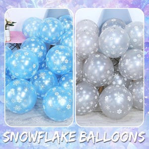 May include: A collection of round balloons featuring white snowflake and star patterns. The left side displays light blue balloons, while the right side shows clear balloons with white snowflake prints. The text SNOWFLAKE BALLOONS is at the bottom.