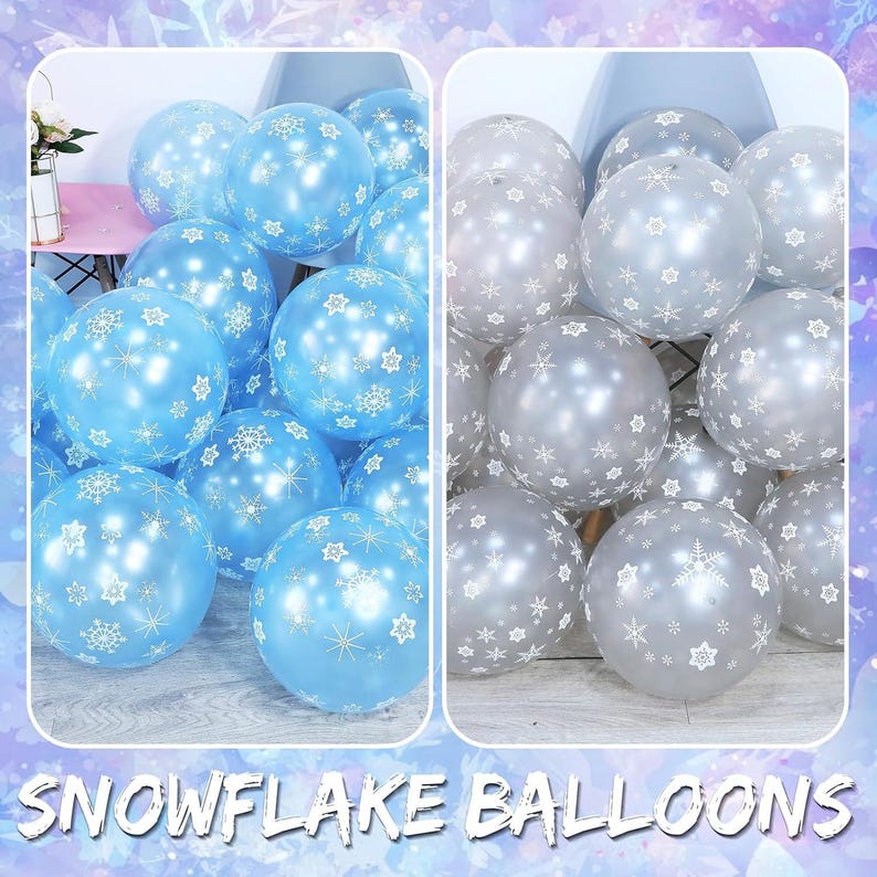 May include: A collection of round balloons featuring white snowflake and star patterns. The left side displays light blue balloons, while the right side shows clear balloons with white snowflake prints. The text SNOWFLAKE BALLOONS is at the bottom.