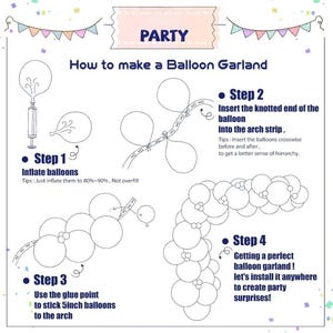 May include: An instructional infographic titled PARTY How to make a Balloon Garland. It features four steps with line drawings showing a pump, balloons, an arch strip, and glue points. The text explains inflating balloons to 80%-90%, inserting knotted ends into the strip, adding 5-inch balloons with glue, and installing the final garland.