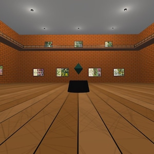 May include: An art gallery interior with brick walls and a wooden floor. Several framed artworks are displayed on the walls, and a dark pedestal supports a geometric sculpture. The gallery is well-lit with recessed ceiling lights.