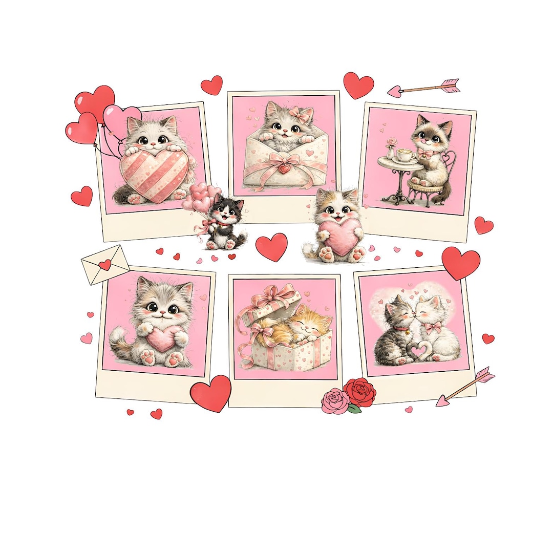 Valentine Cat PNG Bundle, Cute Kitten Love Clipart, Pink Valentine Cats ...