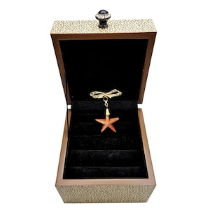 May include: A gold-coloured star-shaped brooch with a textured, reddish-orange finish, suspended from a bow-shaped clasp. The brooch is displayed inside an open, decorative wooden jewellery box with a black velvet interior and a patterned exterior.