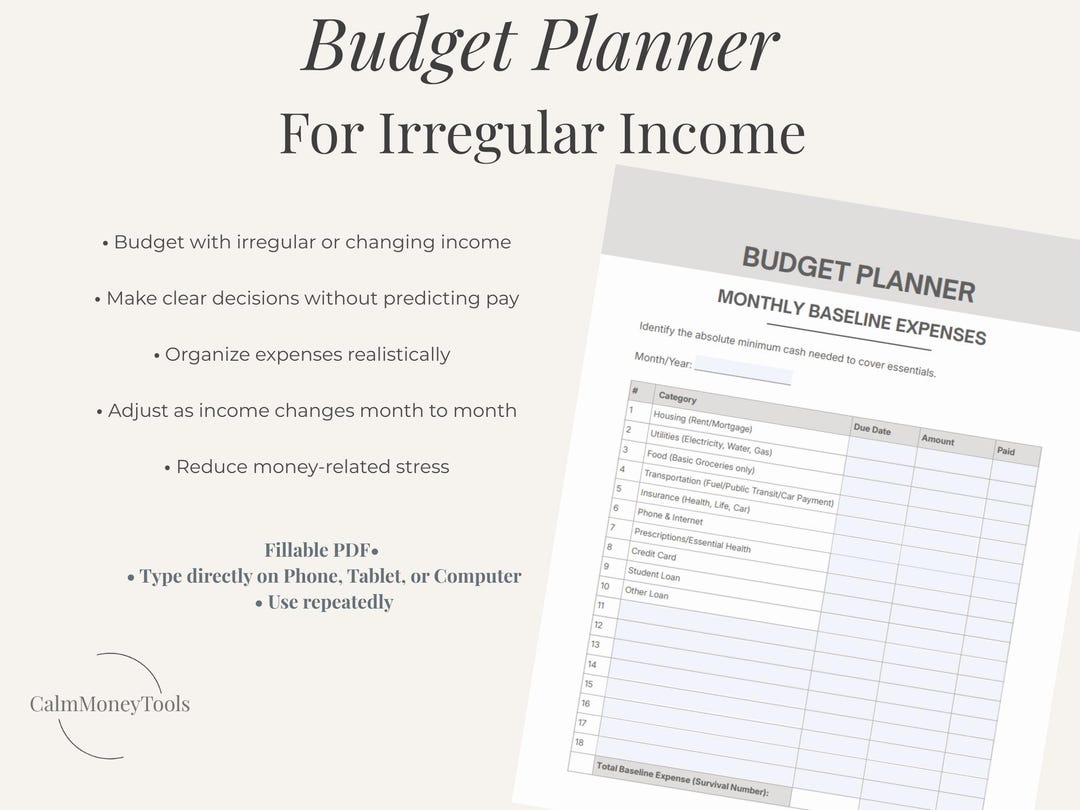 Irregular Income Sample Monthly Budget Planner for Irregular Income | Fillable PDF Download - Etsy