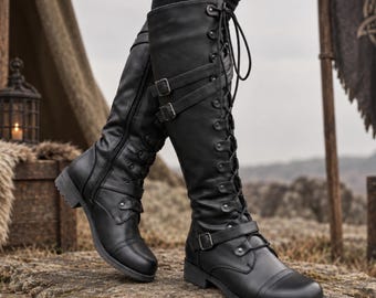 Knee High Combat Boots for Women, Medieval LARP Renaissance Cosplay Boots, Gothic Viking Shoes