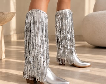 Sequin Fringe Cowboy Boots for Women, Metallic Tassel Western Boots, Sparkly Disco Cowgirl Boots, Festival Concert Shoes, Bachelorette Boots