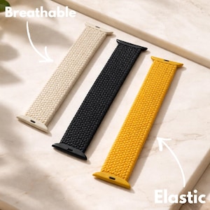 May include: Three watch bands in cream, black, and yellow. The bands are made of a woven, breathable material and are labeled "Breathable" and "Elastic".