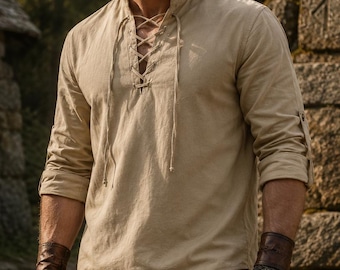 Viking-tuniekshirt heren, middeleeuwse linnen vetertop, renaissancekostuum, Noorse krijger LARP-kleding, outfit piraat Ren Faire