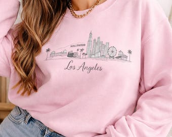 Bluza z okrągłym dekoltem i estetyczną panoramą Los Angeles | Krajobraz miejski w Los Angeles, wyrazisty, czysty design