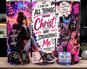Christian Music Tumbler Wrap PNG, Faith Singer 20oz Skinny Tumbler Design, Concert Lover Sublimation Wrap, Philippians 4 13 Digital Download