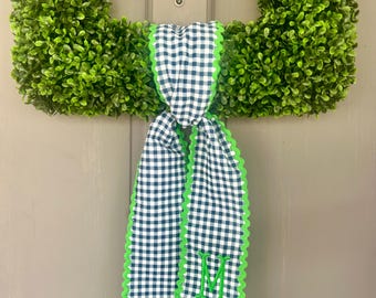 Spring Wreath Sash | Custom Monogrammed Sash | Front Door Decor | Personalized Home | Unique Home Gift | Navy Gingham Wreath Sash