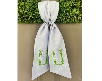 Spring Wreath Sash | Floral Monogram Door Decor | Chambray Wreath Bow
