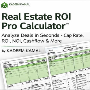 May include: A digital graphic for a real estate ROI calculator. The title reads "Real Estate ROI Pro Calculator" with the text "Analyze Deals in Seconds - Cap Rate, ROI, NOI, Cashflow & More." The image includes a spreadsheet.