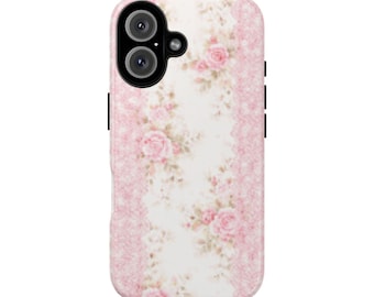 May include: A phone case with a floral design. The case features a pattern of pink roses and green leaves on a white background, framed by a pink lace-like border. The phone's camera lenses are visible at the top.